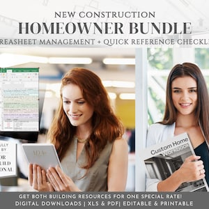 May include: A digital download bundle for new homeowners, featuring a spreadsheet management tool and a quick reference checklist. The bundle includes two women holding the digital products, one with a laptop and the other with a printed workbook.