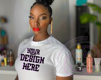 Realistic African American T-shirt Mock up | Black Model Mockup| Black Woman T-Shirt | Print On Demand | Outdoors Lifestyle |