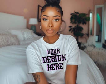 Realistic African American T-shirt Mock up | Black Model Mockup| Black Woman T-Shirt | Print On Demand | Outdoors Lifestyle |