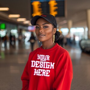 Maqueta de Gildan 18000, sudadera roja, maqueta de modelo negra, maqueta de sudadera afroamericana, maqueta de modelo diversa, maqueta realista