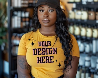 Black Model Mockup, African American  Female Mockup, Black Woman T-Shirt Mockup, Print On Demand, Outdoors Lifestyle Mockup, Mustard T-shirt