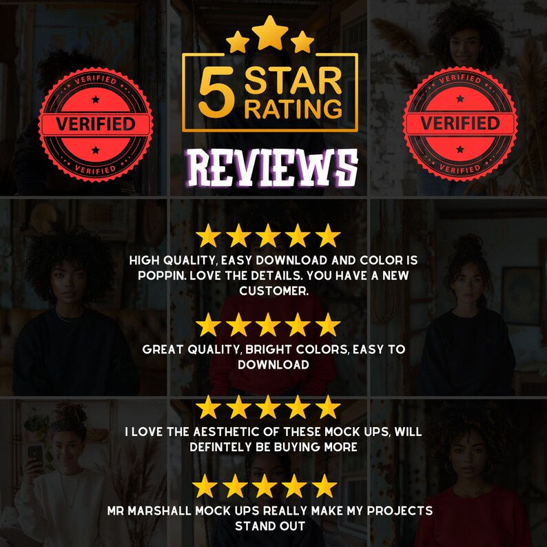 May include: Five star reviews for a product with a verified badge. The reviews highlight the high quality, easy download, bright colours, and aesthetic of the product. The text "Mr. Marshall Mock Ups Really Make My Projects Stand Out" is also included.