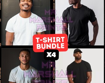 May include: A bundle of four t-shirts, two white and two black, with a red label that says "T-Shirt Bundle X4".