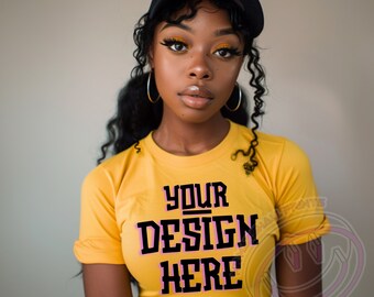 Black Model Mockup, African American  Female Mockup, Black Woman T-Shirt Mockup, Print On Demand, Outdoors Lifestyle Mockup, Mustard T-shirt