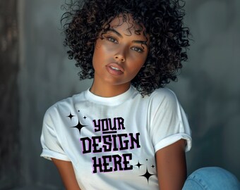 Black Model Mockup, African American  Female Mockup, Black Woman T-Shirt Mockup, Print On Demand, Outdoors Lifestyle Mockup, White T-shirt