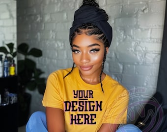 Black Model Mockup, African American  Female Mockup, Black Woman T-Shirt Mockup, Print On Demand, Outdoors Lifestyle Mockup, Mustard T-shirt