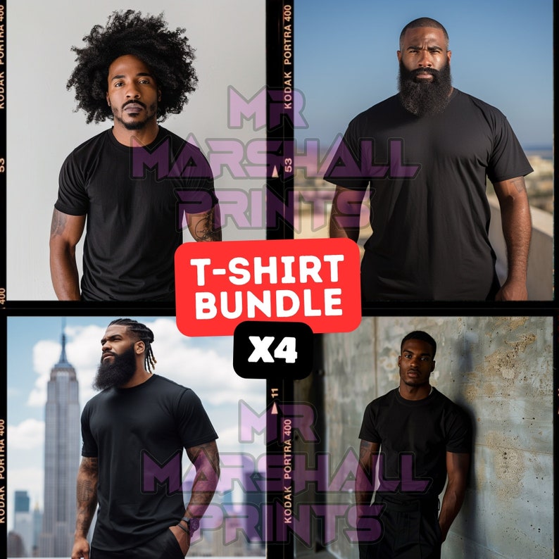 May include: A bundle of four black t-shirts, each worn by a different person in a variety of settings. The text "T-SHIRT BUNDLE X4" is displayed in the center of the image.