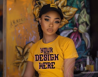 Black Model Mockup, African American  Female Mockup, Black Woman T-Shirt Mockup, Print On Demand, Outdoors Lifestyle Mockup, Mustard T-shirt