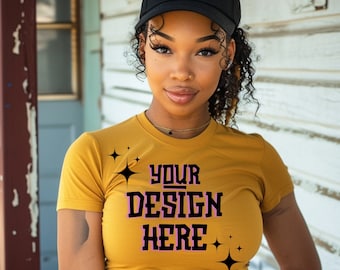 Black Model Mockup, African American  Female Mockup, Black Woman T-Shirt Mockup, Print On Demand, Outdoors Lifestyle Mockup, Mustard T-shirt