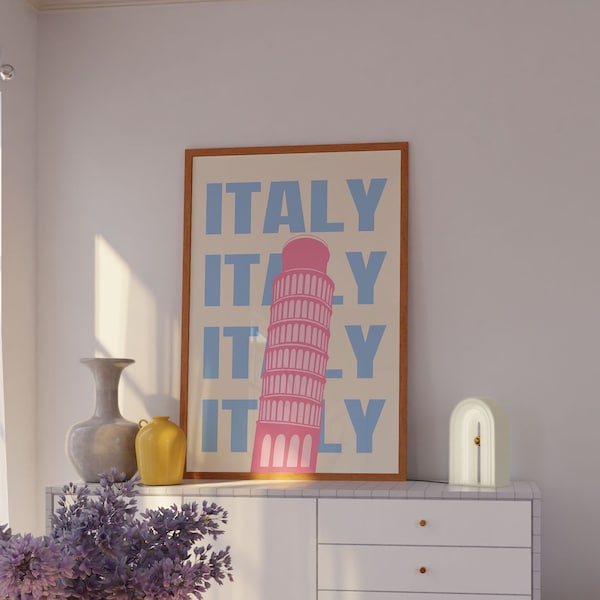 Pise Print Italie, Pise Tower Travel Print, Italie Affiche Tour penchée de Pise Cadeau de voyage, Art mural maximaliste, Affiche de voyage colorée