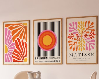 3er-Set Bauhaus-Poster, Galerie-Wand-Bundle, Bauhaus-Drucke für Wohnzimmer, orange Wandkunst, trendiges Bauhaus-Wandkunstset, Bauhaus-Poster