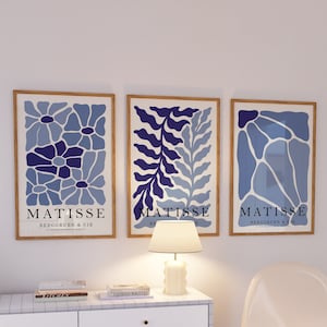 Set di 3 stampe blu di Henri Matisse, poster da parete di Matisse, arte murale blu navy, arredamento moderno di metà secolo, set di stampe floreali boho gallery