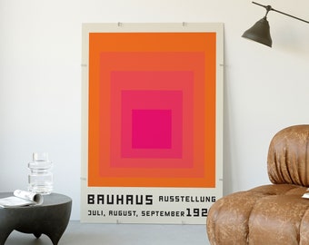 Poster della mostra Bauhaus, quadrati rosa arancioni, stampa di forme, poster geometrico, arte della parete minimale Bauhaus, metà secolo moderno, arte della parete rosa