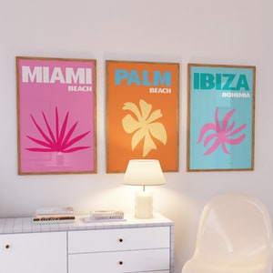 Set of 3 Travel Famous Places Prints | Ibiza Palm Beach Miami Gallery | Preppy Travel poster | Pastel Girly Home Decor Art | Large Size