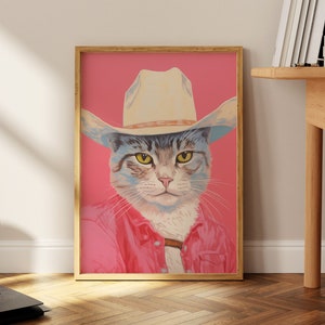 Stampa di gatto con cappello da cowboy massimalista, stampa artistica eclettica moderna, arte murale Y2K, arredamento moderno e colorato per la casa, arte murale funky, arredamento rosa western
