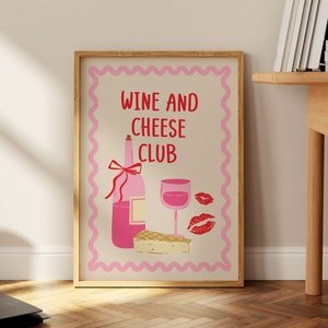 Wine And Cheese Club Art Print, Wine Illustration Wall Art, Kitchen Art Print, Wine Print Wall Decor, Hand Drawn Kitchen Prints, Retro Art