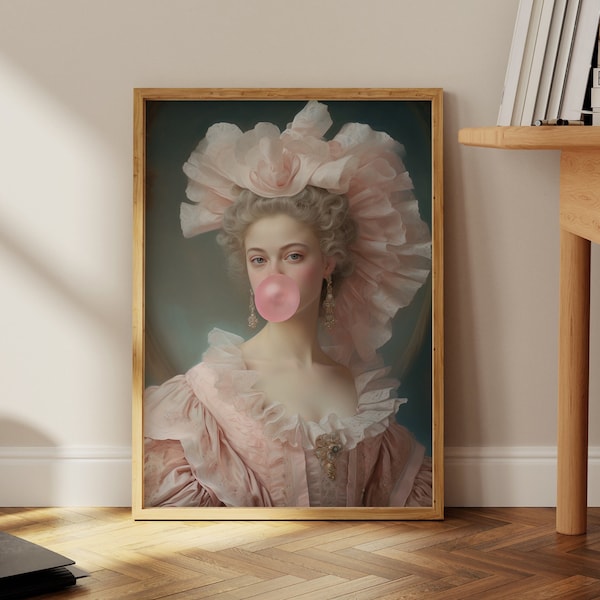 Dame au chewing-gum rose, portrait drôle d'art altéré vintage, art mural rose, décoration d'intérieur pastel danoise, peinture maximaliste, déco coquette