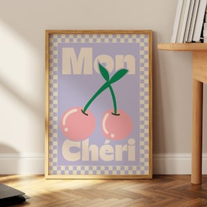 Mon Cheri French Art Print Poster, Vintage Food Print, Trendy Retro Print, Cherry Illustration, Mid Century Print, Modern Kitchen Wall Art