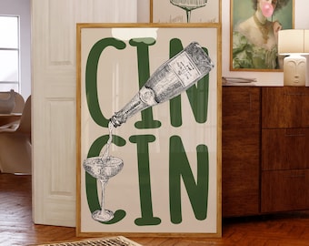 Cin Cin Print, Retro Quote Print, Bar Cart Art, Retro Cocktail Poster, Retro Drink Print, Vintage Wine Print, Cheers Print, Minimal Art
