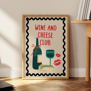 Wine And Cheese Club Art Print, Wine Illustration Wall Art, Kitchen Art Print, Wine Print Wall Decor, Hand Drawn Kitchen Prints, Retro Art