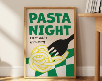 May include: A poster with a green and white checkered background. The poster says "PASTA NIGHT" in green letters with a black fork and yellow spaghetti on top. The text below says "EVERY NIGHT 1PM-10PM".
