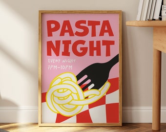 Pasta Night Print, Spaghetti Print, Pasta Lover Poster, Hand Drawn Kitchen Art, Foodie Drawing, Pasta Illustration, Food Print, Pink Art