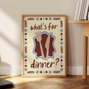What&#39;s For Dinner Art Print, Mid Century Modern Poster, Aesthetic Art prints, Bauhaus Print, Cozy Typography Print, Brown Kitchen Wall Decor