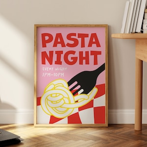 パスタナイトプリント、スパゲッティプリント、パスタ愛好家ポスター、手描きのキッチンアート、グルメの絵、パスタのイラスト、食べ物プリント、ピンクのアート