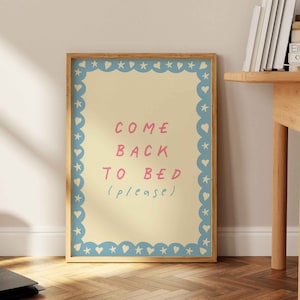 Come Back To Bed, Goodnight Poster, Handdrawn Bedroom wall art, Cute Quote Poster, Fun Typography Print, Mid Century Art, Housewarming Gift