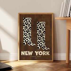 Póster de botas con estampado de leopardo vintage, decoración de pared de los años 70, póster de la Semana de la Moda de Nueva York, póster con estampado retro para dormitorio, decoración de pared de otoño, arte de pared francés