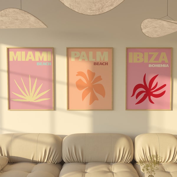 Set of 3 Travel Beach Prints, Famous Places, Ibiza Miami Palm Beach, Preppy Gallery Wall Set, Travel Posters, Y2K Decor, Large Art Prints