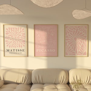 Arte de pared de Matisse de moda, conjunto de exposición de 3 grabados, conjunto de impresión de Matisse, arte de pared de coqueta, lindo arte de dormitorio boho, mezcla de carteles rosa rubor
