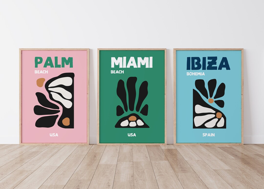Set of 3 Travel Beach Prints, Famous Places, Miami Palm Beach