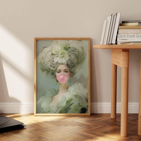 Funny Vintage Lady With Bubble Gum Portrait, Maximalist Green Wall
