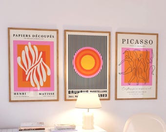 Henri Matisse and Bauhaus Art Prints, Set Of 3, Trendy Wall Art, Picasso Art Prints, Bauhaus Posters, Living Room Wall Art, Orange Wall Art