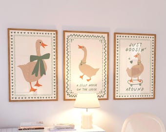 Silly Goose Art Prints, Retro Nursery Cottage Core Decor