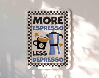 More Espresso Less Depresso Poster Blue Checkerboard Moka Pot Retro Kitchen Cafe Gallery Wall