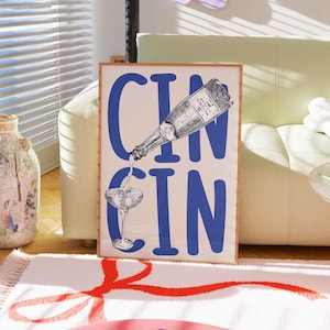 Cin Cin-afdruk, retro citaatafdruk, barwagen kunst, retro cocktailposter, marineblauwe muurkunst, vintage wijnafdruk, gejuichafdruk, minimal art