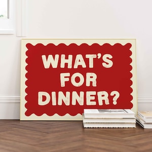 夕食の予定 横長プリント、ミッドセンチュリープリント、美的アート、バウハウスプリント、タイポグラフィプリント、赤いキッチンの壁アート、細長プリント