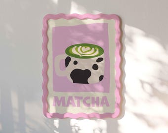 Matcha Latte Poster, Cow Mug Illustration, Pastel Kitchen Decor, Preppy Room Sign, Unframed