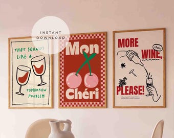 Eclectic Kitchen Wall Art Set, Retro Wine Poster, Mon Cheri Cherry Print (Digital Download)