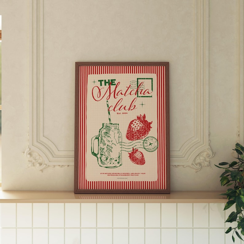 Matcha Club poster, retro drink art, cafe wall decor, brunch print, matcha latte art, modern home print, funky kitchen decor, hand-drawn print, aesthetic poster, trendy wall art, tea lover gift, vintage-inspired art, colorful cafe print, minimalist drink print, Japanese tea art, cozy home decor.