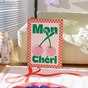 Mon Cheri Print, French Ma Cherie, Dorm Room Print, Retro Funky Wall Art, Red and Pink Print, Cherry Food Print, Hand Drawn Wall Art