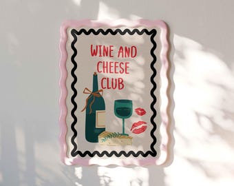 Wine and Cheese Club Art Print, Retro Kitchen Wall Decor
