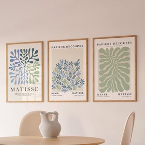 Set di 3 stampe di Matisse color verde salvia, arte floreale boho, decorazione da parete per camera da letto, stampa da parete per soggiorno, stampe d'arte moderna di metà secolo.