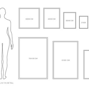 May include: A diagram showing different sizes of picture frames with measurements in centimeters. The model is 175 cm tall.