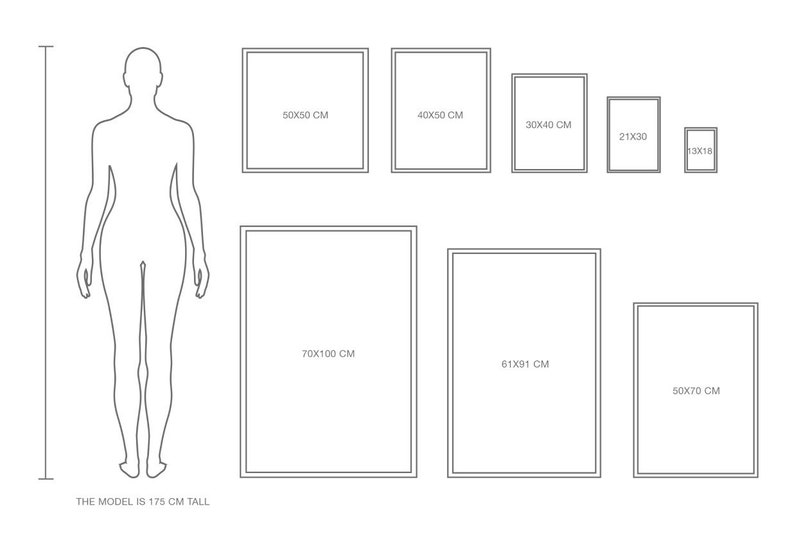 May include: A diagram showing different sizes of picture frames with measurements in centimeters. The model is 175 cm tall.