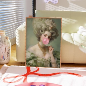 Queen with Bubble Gum Art Print: Funny Vintage Portrait