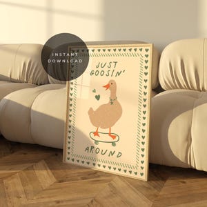 Afdrukbare Silly Goose-print, trendy muurkunst, appartementdecor, retro muurkunst, kinderkamerkunst, Cottage Core-decor, leuke kunst, grappige muurkunst