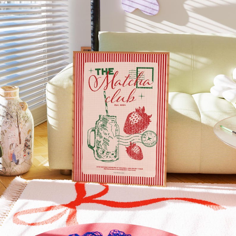 Matcha Club poster, retro drink art, cafe wall decor, brunch print, matcha latte art, modern home print, funky kitchen decor, hand-drawn print, aesthetic poster, trendy wall art, tea lover gift, vintage-inspired art, colorful cafe print, minimalist drink print, Japanese tea art, cozy home decor.